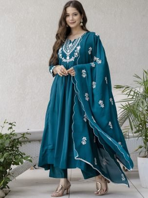 Embroidered Work Rama Colour Kurti Pant With Dupatta