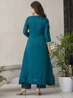 Embroidered Work Rama Colour Kurti Pant With Dupatta