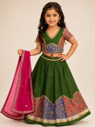 Embroidery  Border Cotton Fabric Green Colour Kids Navratri Lehenga