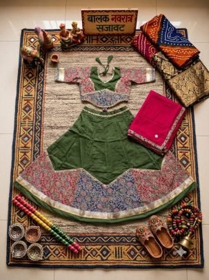 Embroidery  Border Cotton Fabric Green Colour Kids Navratri Lehenga