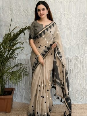 Embroidery Cream Colour Cotton Saree For Traditional Wear