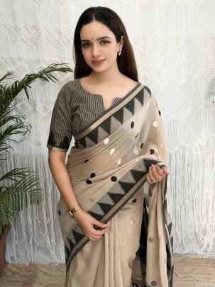 Embroidery Cream Colour Cotton Saree For Traditional Wear