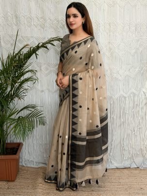 Embroidery Cream Colour Cotton Saree For Traditional Wear