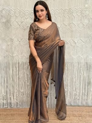 Embroidery Dual Shade Satin Saree With Pearl Work Blouse