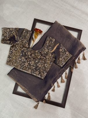 Embroidery Dual Shade Satin Saree With Pearl Work Blouse