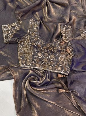 Embroidery Dual Shade Satin Saree With Pearl Work Blouse