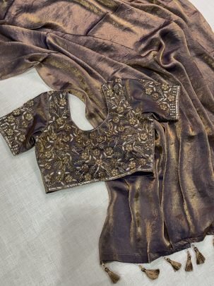 Embroidery Dual Shade Satin Saree With Pearl Work Blouse