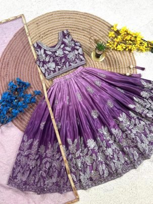 Embroidery  Print  Work  Purple Colour Lehenga
