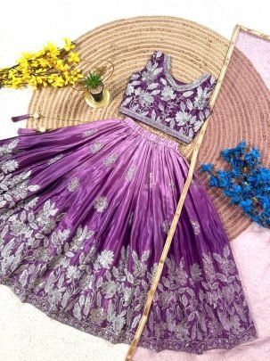 Embroidery  Print  Work  Purple Colour Lehenga