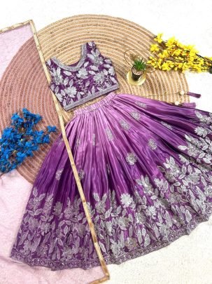 Embroidery  Print  Work  Purple Colour Lehenga