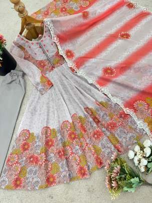 Embroidery Sequence Work Gown With Micro Cotton Bottom And Tebby Orgenza Dupatta