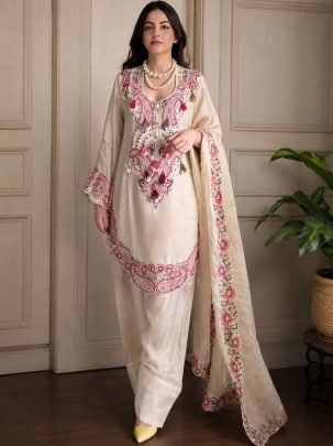 Embroidery Thread Work White Farshi Salwar Suit