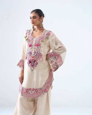Embroidery Thread Work White Farshi Salwar Suit