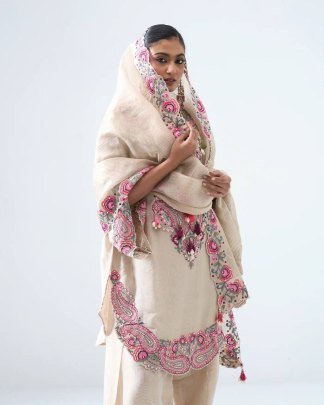 Embroidery Thread Work White Farshi Salwar Suit