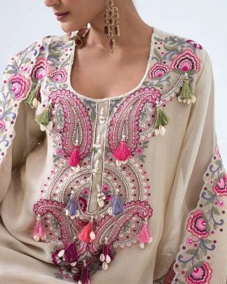 Embroidery Thread Work White Farshi Salwar Suit