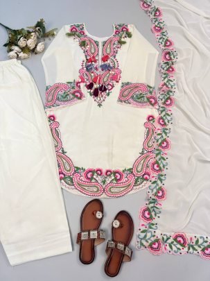 Embroidery Thread Work White Farshi Salwar Suit