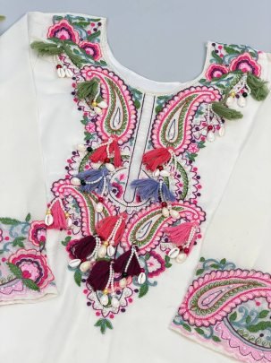 Embroidery Thread Work White Farshi Salwar Suit