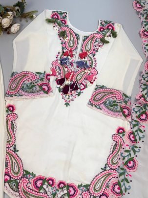 Embroidery Thread Work White Farshi Salwar Suit
