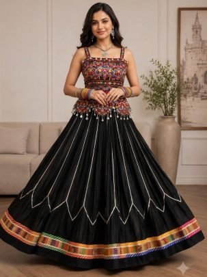 Embroidery Work Black Colour Navratri Lehenga