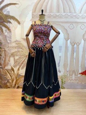 Embroidery Work Black Colour Navratri Lehenga