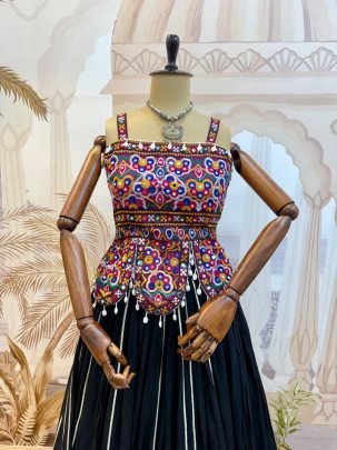 Embroidery Work Black Colour Navratri Lehenga