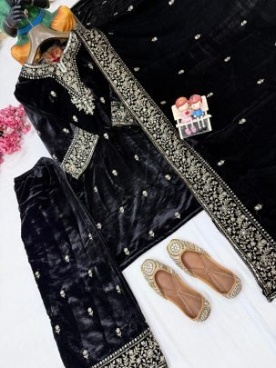 Embroidery Work Black Colour  Velvet  Fabric  Suit