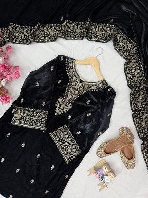 Embroidery Work Black Colour  Velvet  Fabric  Suit