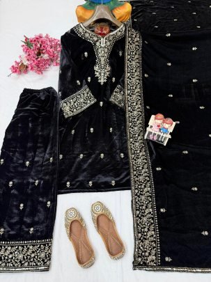 Embroidery Work Black Colour  Velvet  Fabric  Suit