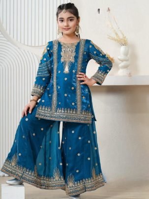 Embroidery  Work  Blue  Colour Kids Sharara Suit