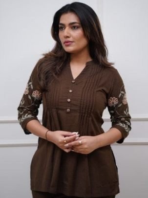Embroidery Work Brown Colour Co Ord Set