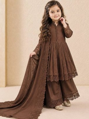 Embroidery Work  Brown Colour Kids Palazzo Suit