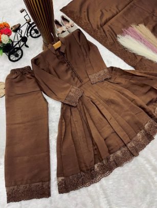Embroidery Work  Brown Colour Kids Palazzo Suit