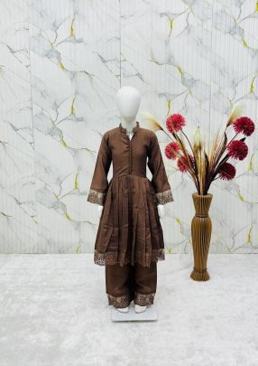 Embroidery Work  Brown Colour Kids Palazzo Suit