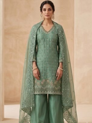 Embroidery Work Green Colour Palazzo Suit