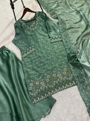 Embroidery Work Green Colour Palazzo Suit