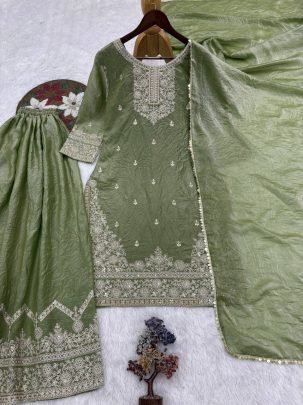Embroidery Work Green  Colour Palazzo Suit