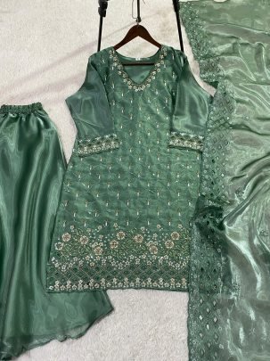 Embroidery Work Green Colour Palazzo Suit