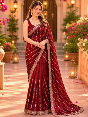 Embroidery  Work Maroon Colour Saree 