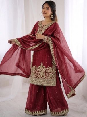 Embroidery Work Maroon Colour Plazzo Set