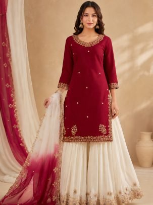 Embroidery  Work Maroon Colour Palazzo Suit