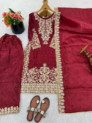 Embroidery Work Maroon Colour Plazzo Set