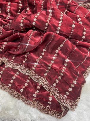 Embroidery  Work Maroon Colour Saree