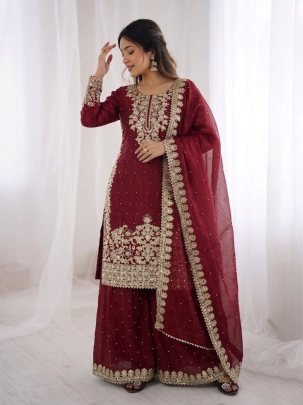 Embroidery Work Maroon Colour Plazzo Set