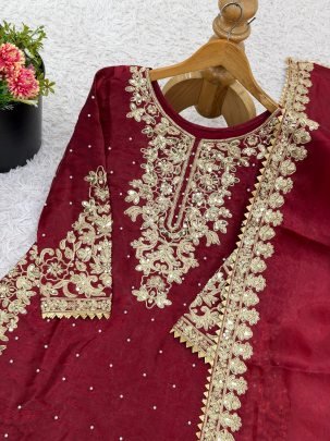 Embroidery Work Maroon Colour Plazzo Set
