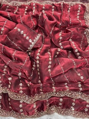 Embroidery  Work Maroon Colour Saree