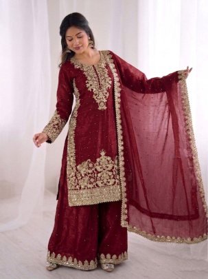 Embroidery Work Maroon Colour Plazzo Set