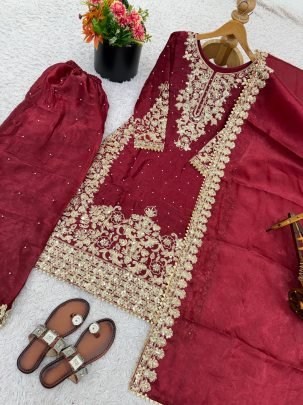 Embroidery Work Maroon Colour Plazzo Set