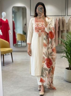 Embroidery Work Off White Color Kurta Pant Set 