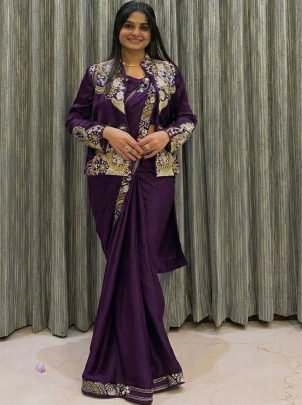 Embroidery Work  Onion Pink Ready To Wear Saree With Jacket