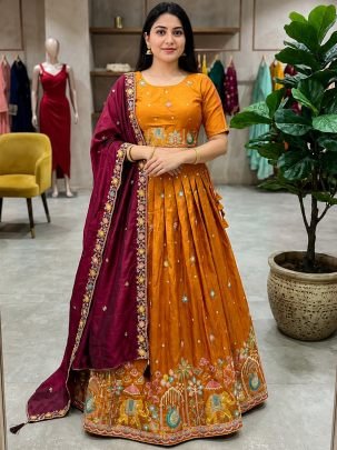 Embroidery  Work Orange Colour Lehenga